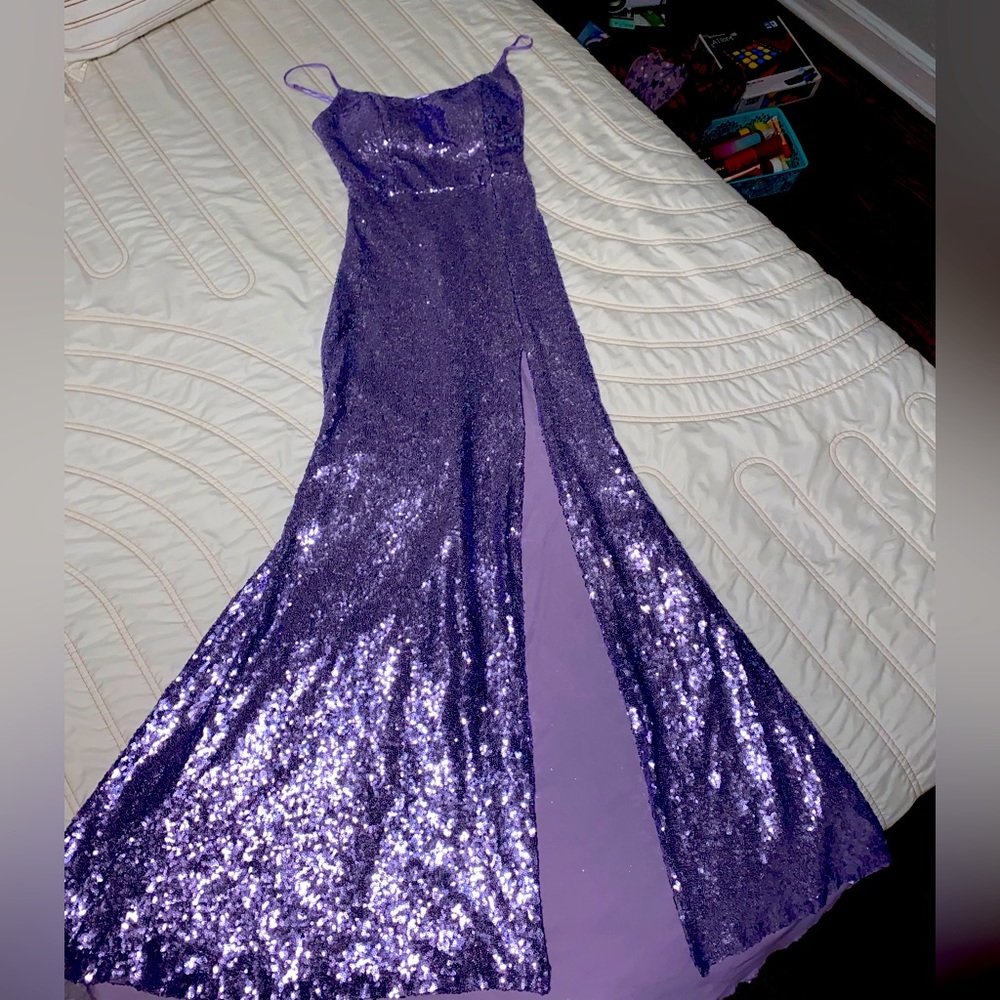 Prom dress formal bridesmaids dress spaghetti straps split sequins purple shiny